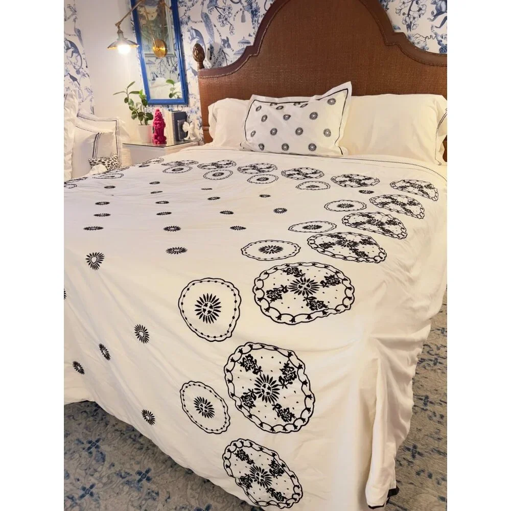 MARTHA STEWART King Size Duvet + 1 Sham Embroidered 100% Egyptian Cotton Black